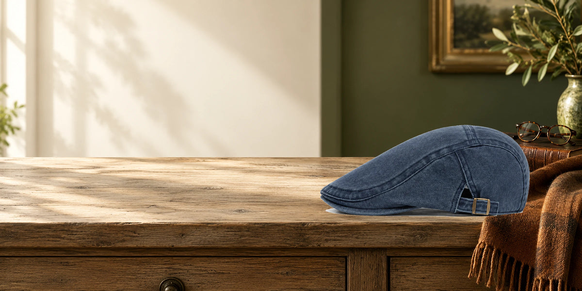 Blue flat cap on a wooden console in a softly lit room.