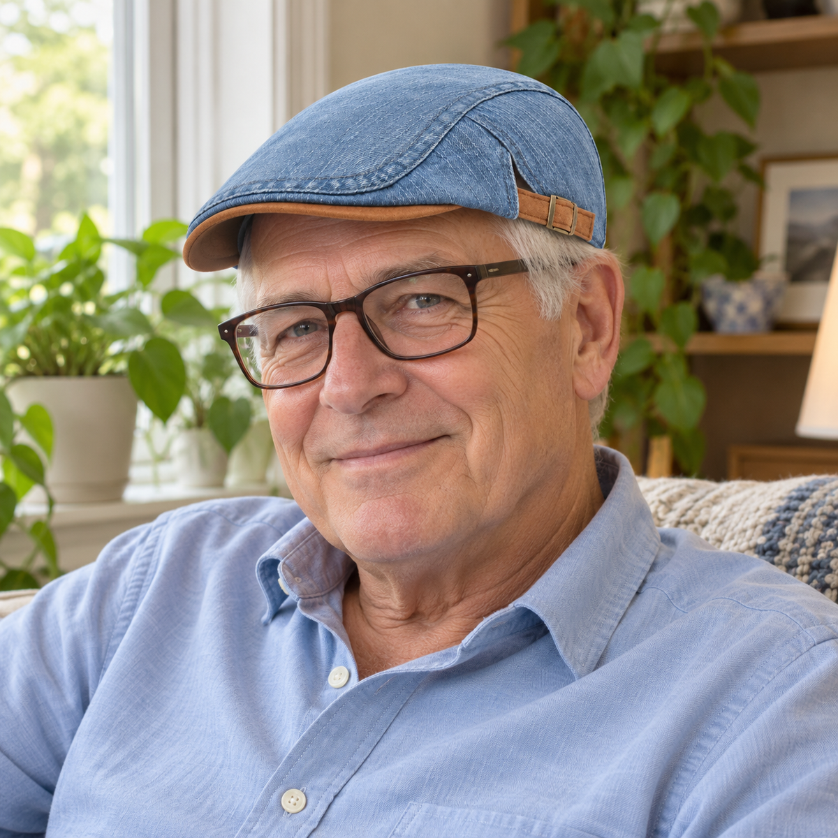 AI-generated lifestyle image: man in a light blue denim flat cap by a living room window