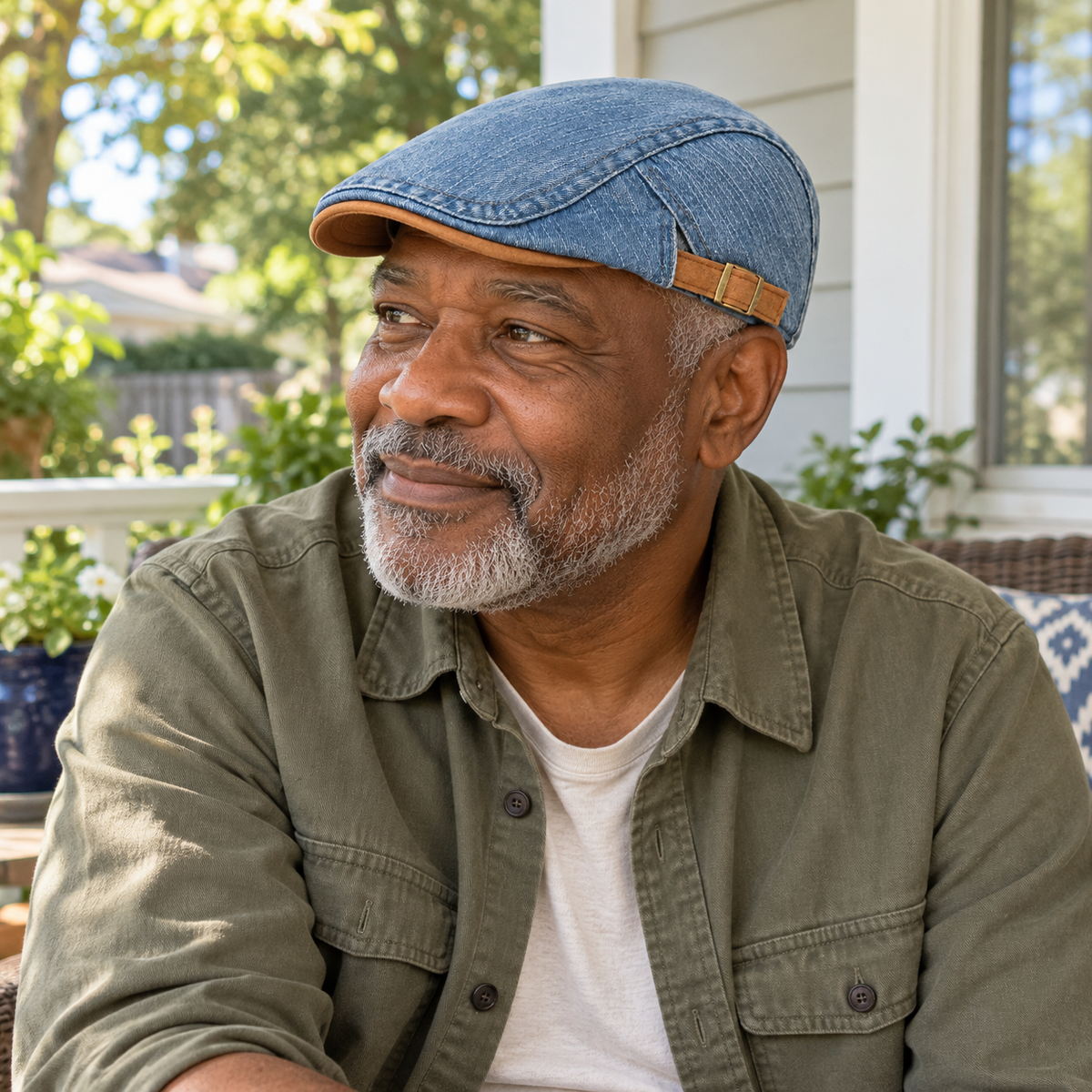 AI-generated lifestyle image: man in a light blue denim flat cap on a porch