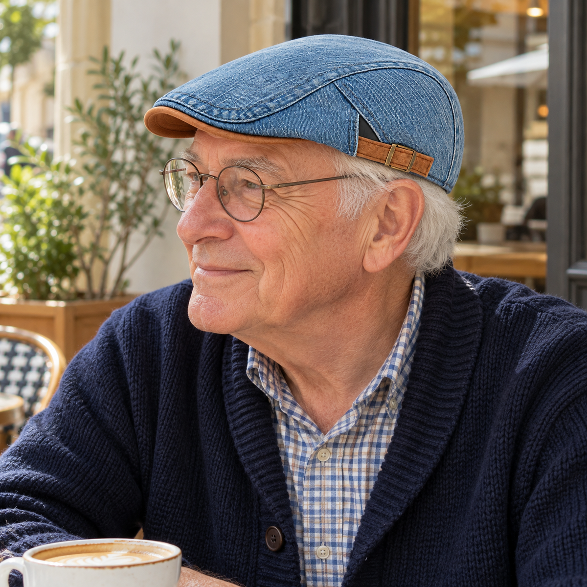 AI-generated lifestyle image: man in a light blue denim flat cap at a cafe table