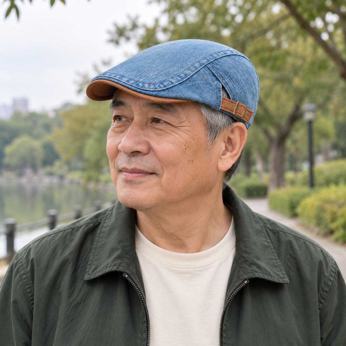 AI-generated lifestyle image: man in a light blue denim flat cap in a park