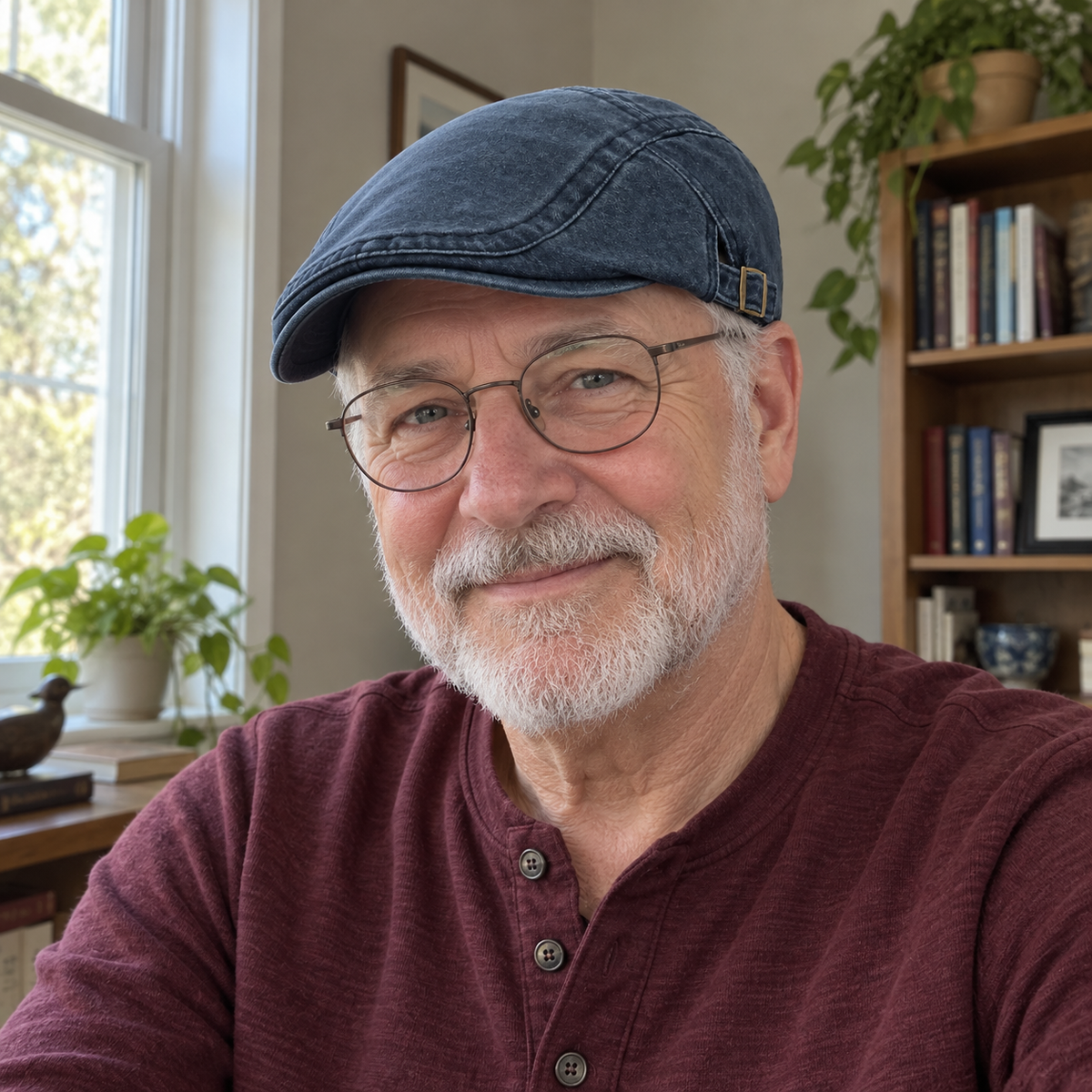AI-generated lifestyle image: man in a navy flat cap in a reading room