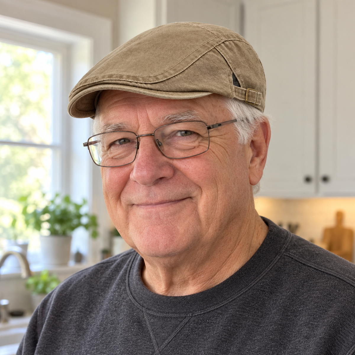 AI-generated lifestyle image: man in a beige flat cap in a kitchen