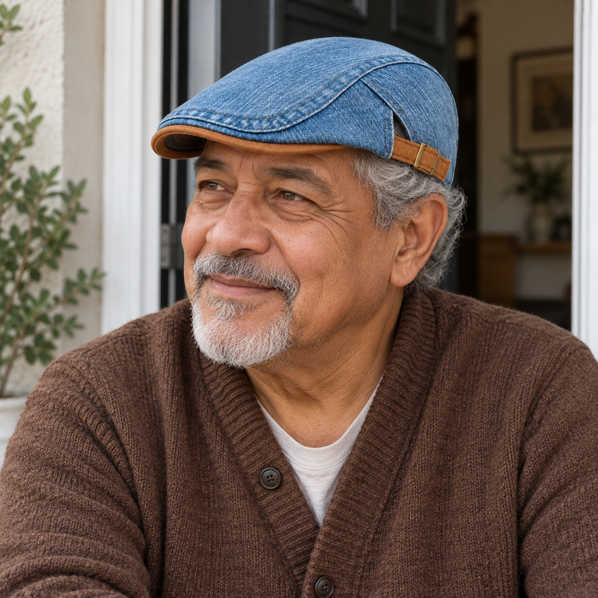 AI-generated lifestyle image: man in a light blue denim flat cap at a front door