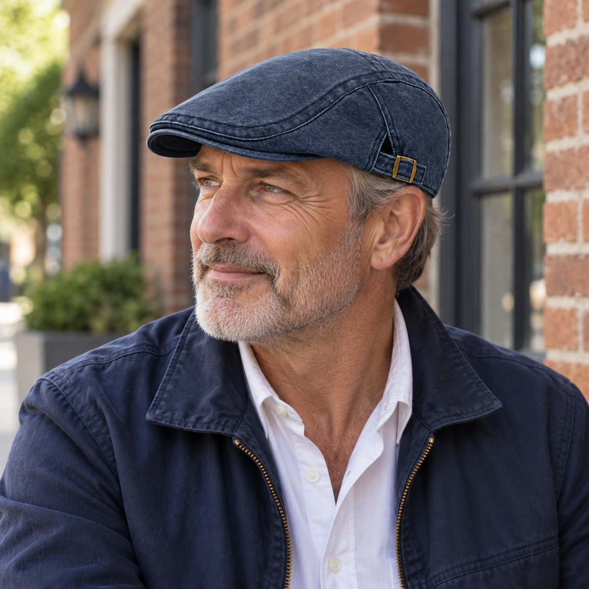 AI-generated lifestyle image: man in a navy flat cap on a city street
